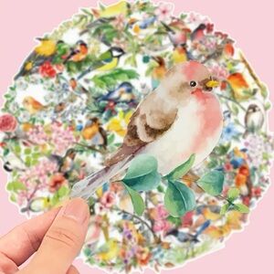 50 Watercolor Birds & Flowers Stickers Plants Leaves